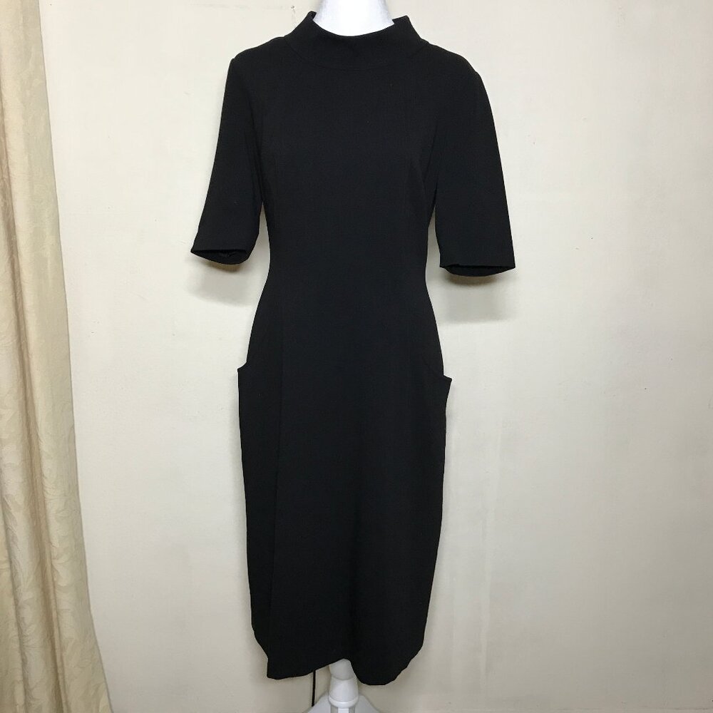 Lafayette 148 Size 8 Black Wool Crepe Type Sheath Dress 2 Pockets Fully Lined
